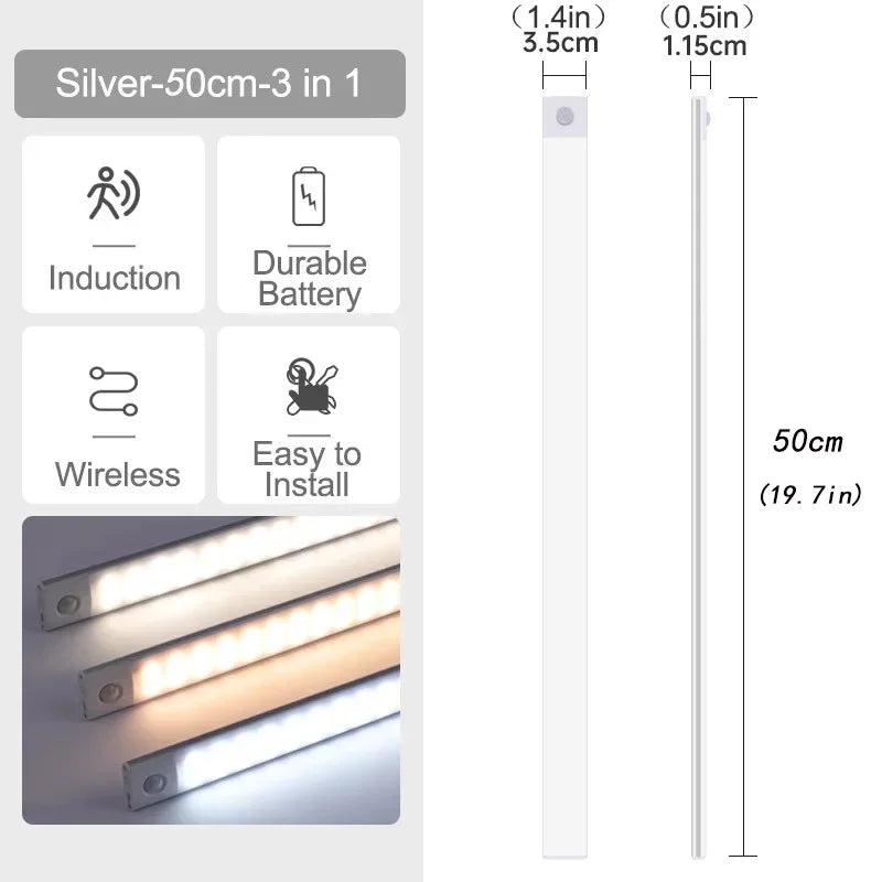 10-60cm Motion Sensor Under Cabinet Lights Wireless LED Night Light USB Rechargeable Ultra Thin Indoor Closet Kitchen Lighting