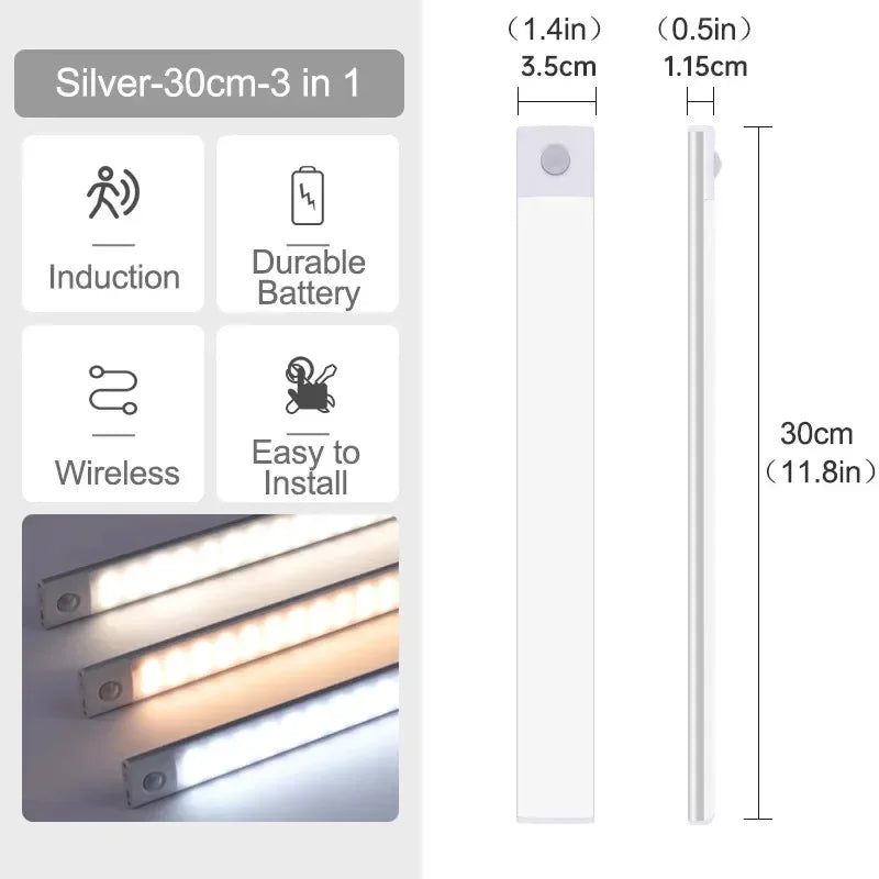 10-60cm Motion Sensor Under Cabinet Lights Wireless LED Night Light USB Rechargeable Ultra Thin Indoor Closet Kitchen Lighting