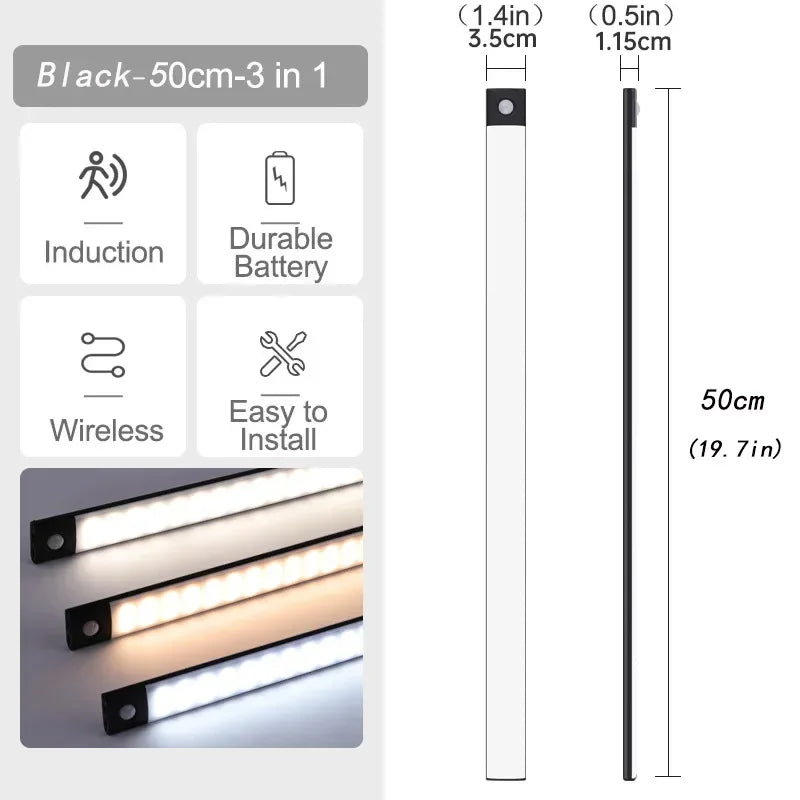 10-60cm Motion Sensor Under Cabinet Lights Wireless LED Night Light USB Rechargeable Ultra Thin Indoor Closet Kitchen Lighting