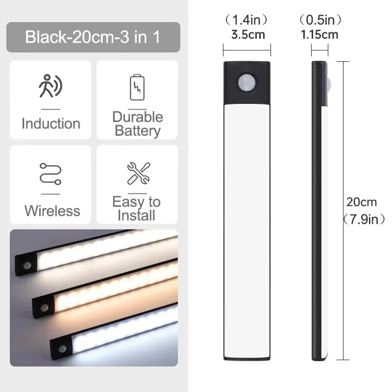10-60cm Motion Sensor Under Cabinet Lights Wireless LED Night Light USB Rechargeable Ultra Thin Indoor Closet Kitchen Lighting